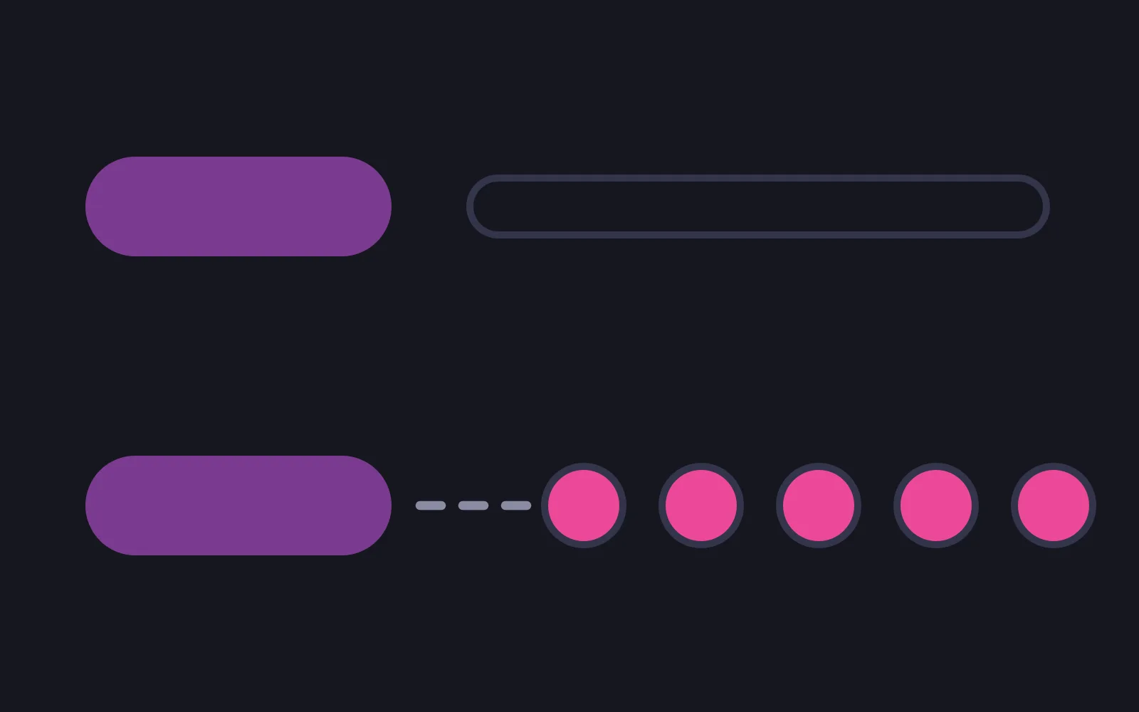 Two rows, each starting with an identical rounded price bar; the upper bar is followed by an empty outlined track and the lower one by a dashed link into five deep-pink coins running off the right edge