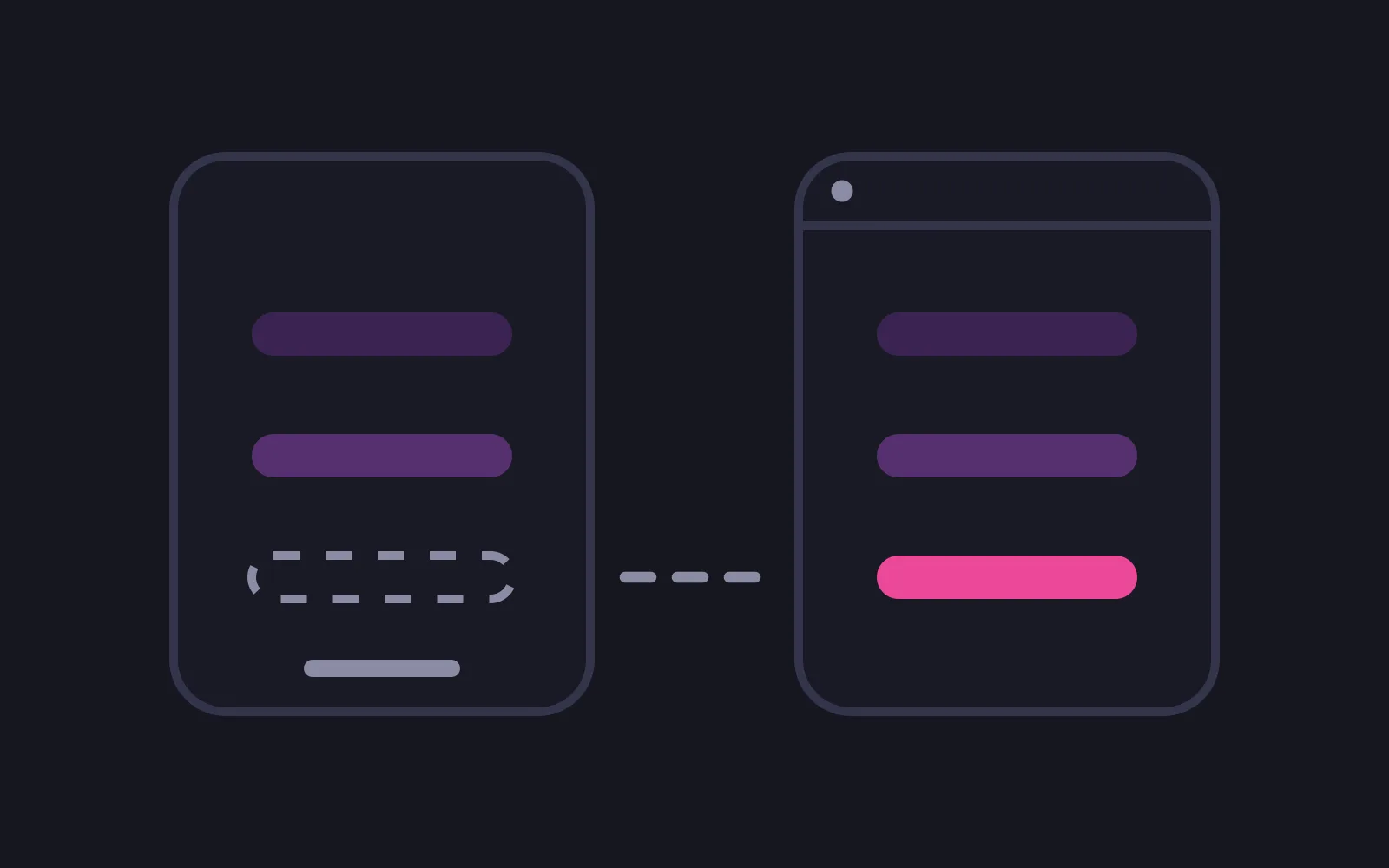 Two frames side by side holding the same three-row list, the row at the bottom of the installed app drawn as an empty dashed outline and the same row in the browser window filled deep pink