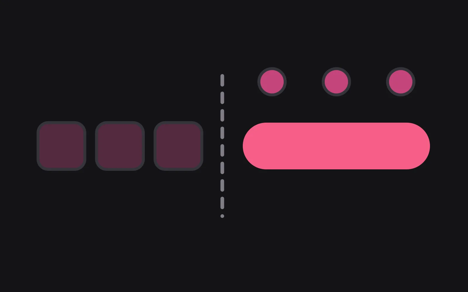 Three small day tiles ending at a dashed vertical line, after which a long deep-pink bar runs to the edge of the frame with evenly spaced coins above it