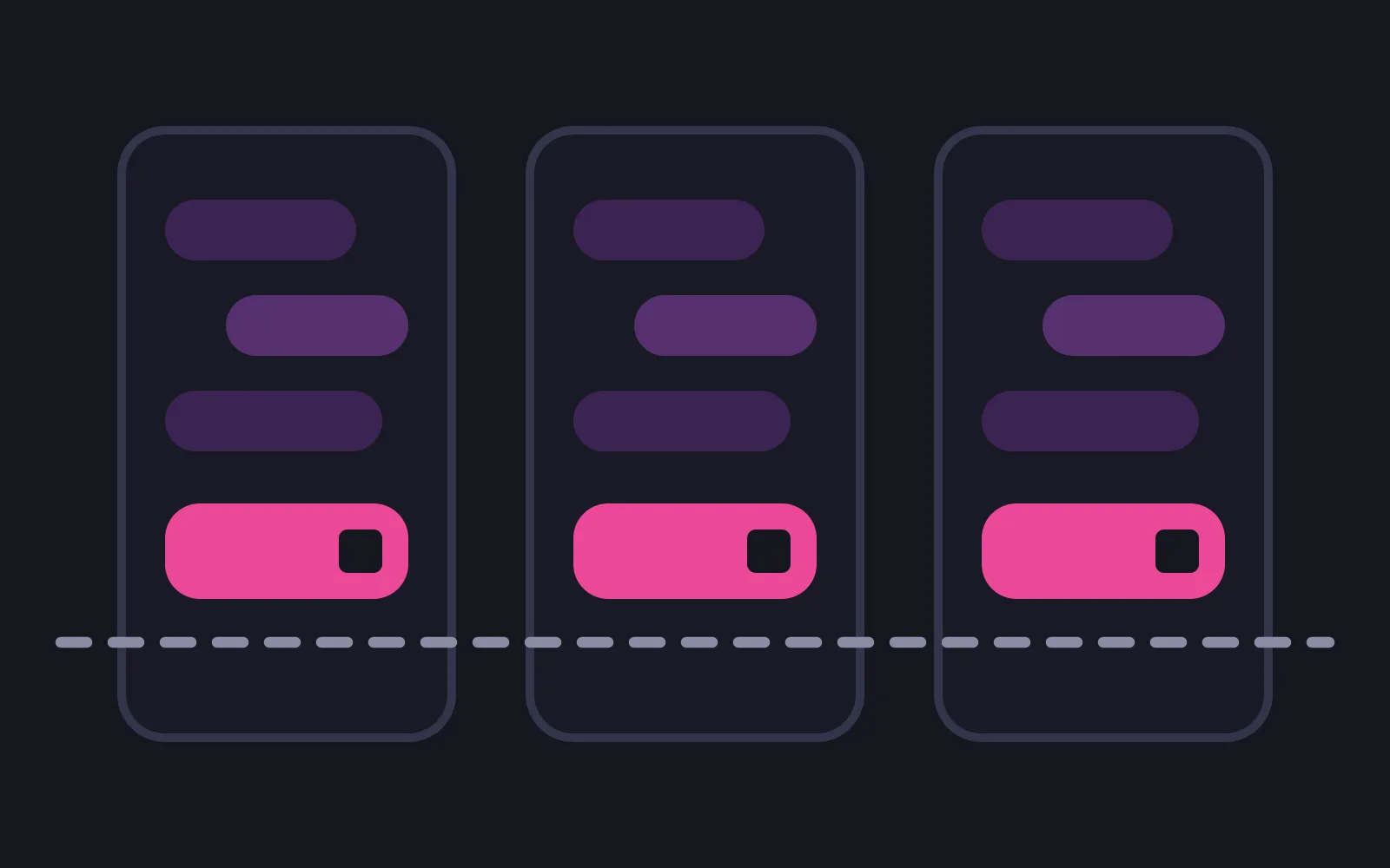 Three phone frames side by side, each holding the same three muted chat bubbles and then an identical deep pink bubble at the same height, with one dashed line running across all three beneath them