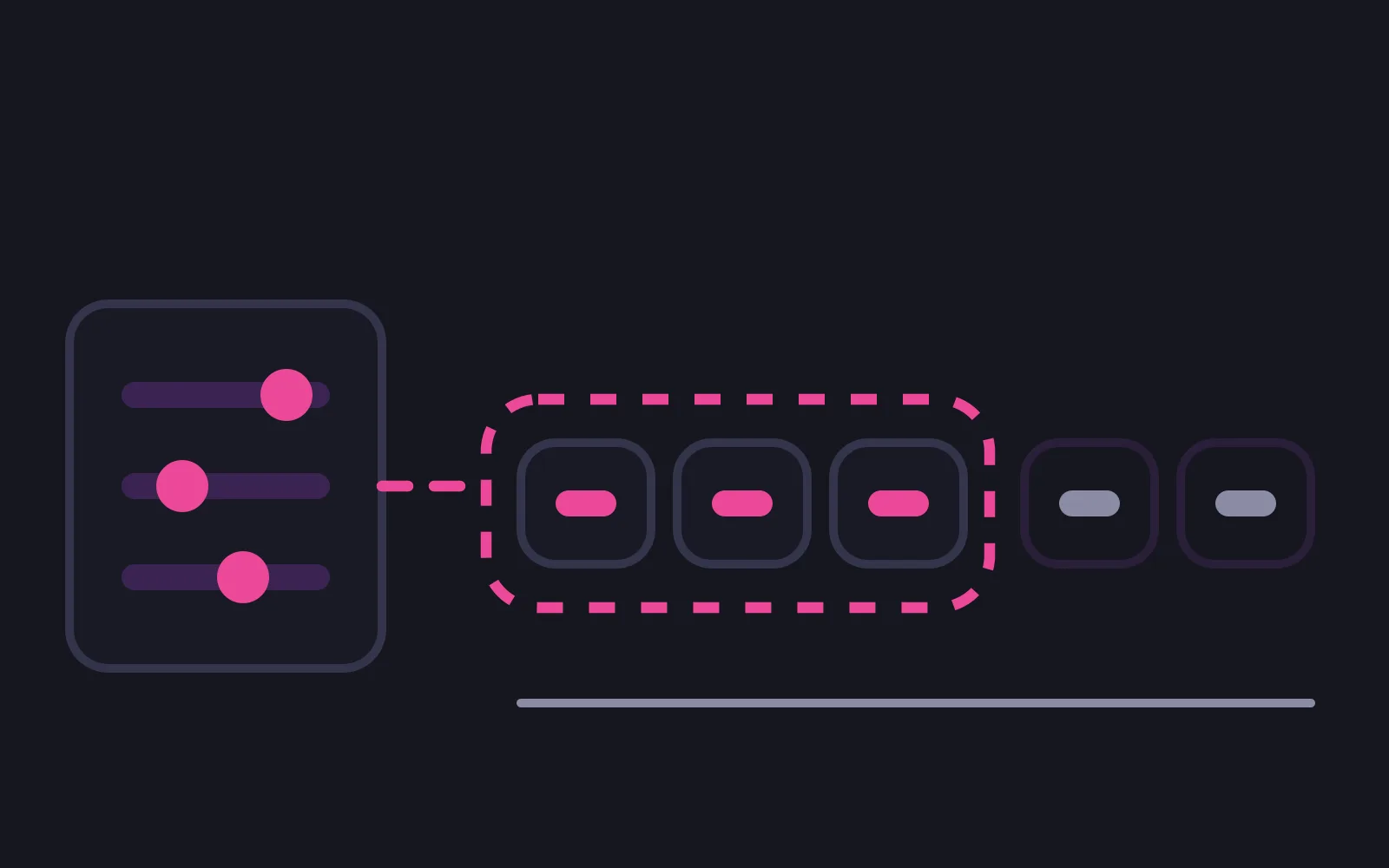 A surface card holding three slider tracks with deep pink knobs, a short dashed pink line running from it to a dashed pink bracket that encloses the first three of five chat bubbles; the enclosed bubbles carry deep pink bars and the two outside the bracket carry grey ones