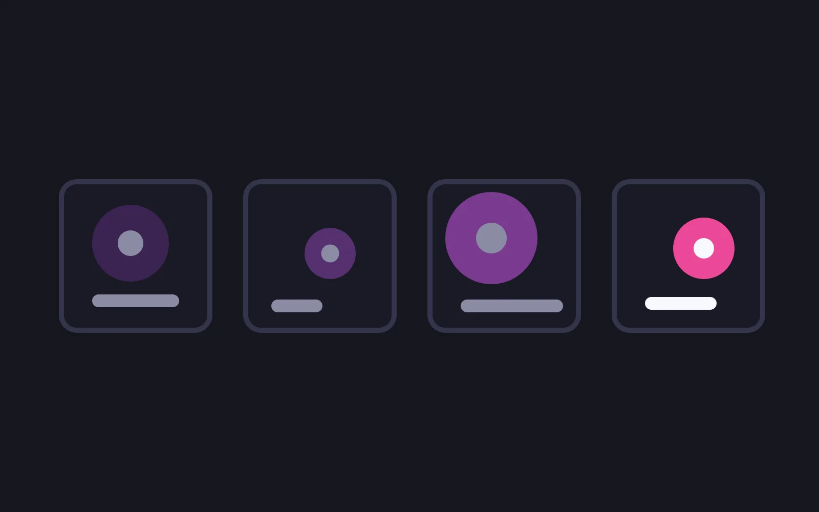 Four square surface tiles in a row, each holding a ringed circle at a different size and offset above a short bar, the first three in deepening purples and the fourth in deep pink with a white centre