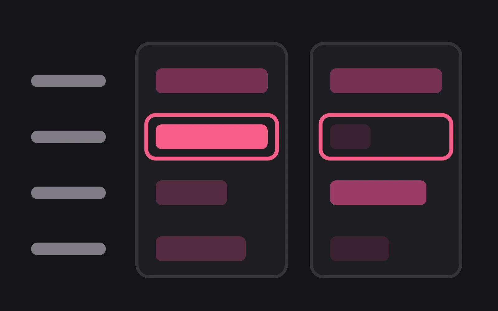 Four rows compared across two app columns, with the second row outlined and filled solid on one side and barely filled on the other