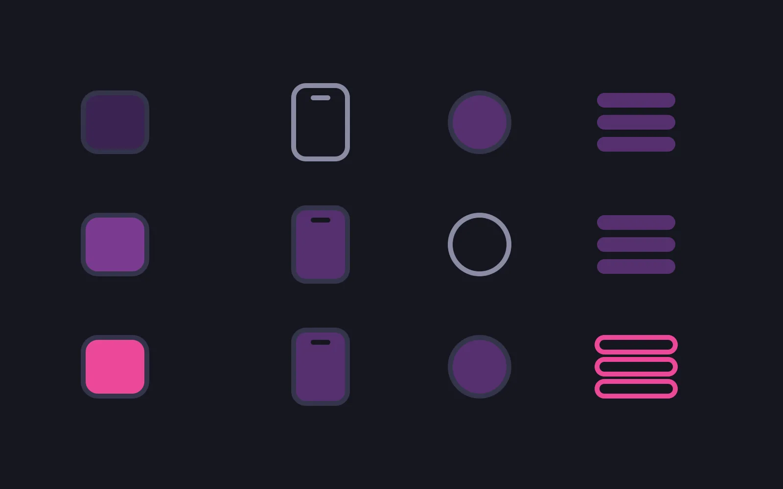 A three-row grid of small glyphs, a phone, a coin and a stack of bars, where one glyph in each row is drawn as an empty outline and the stack in the bottom row is emptied in deep pink