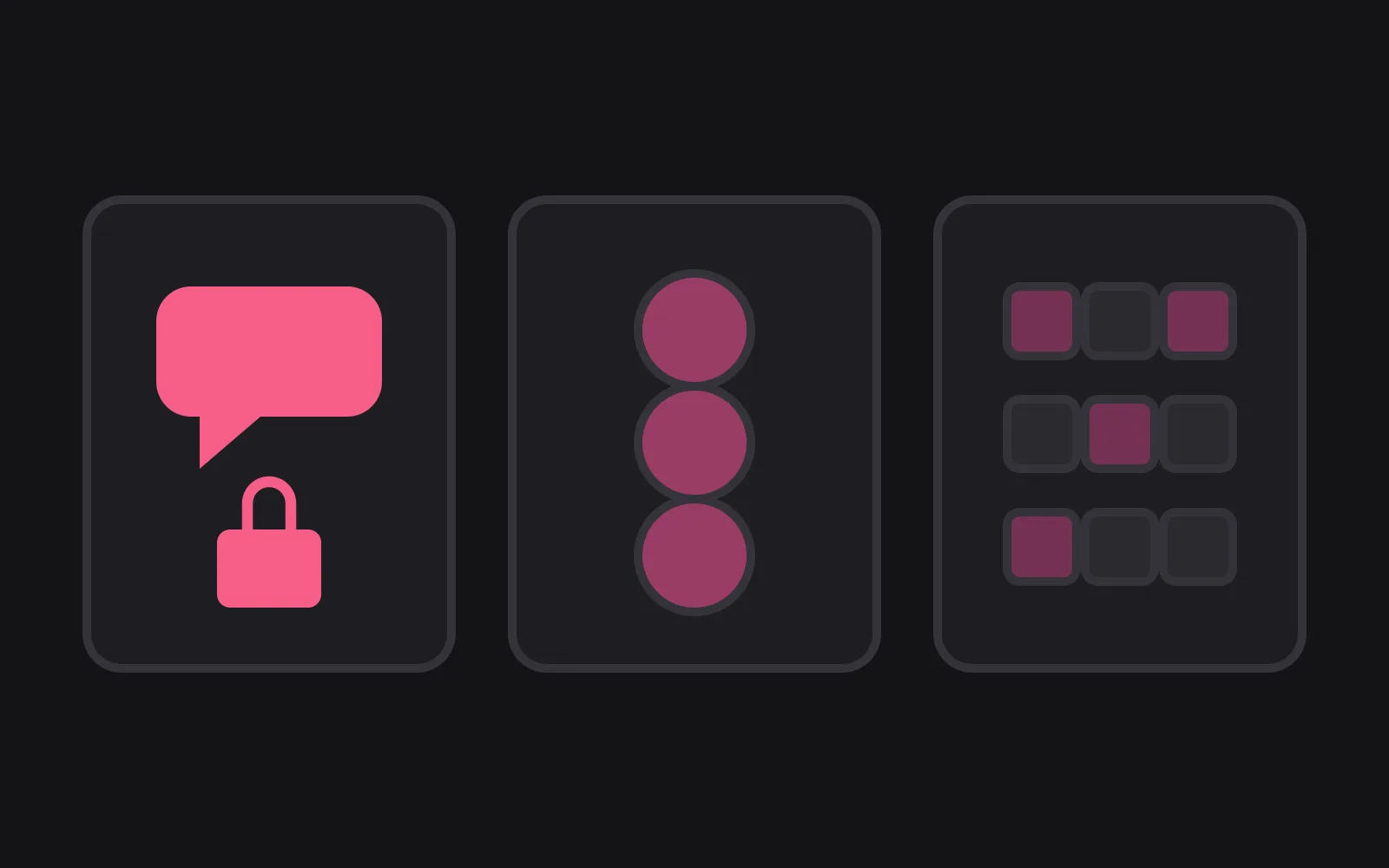 Three cards side by side: a chat bubble with a padlock below it drawn in the deepest colour, a stack of three coins, and a grid of nine day tiles with four of them filled