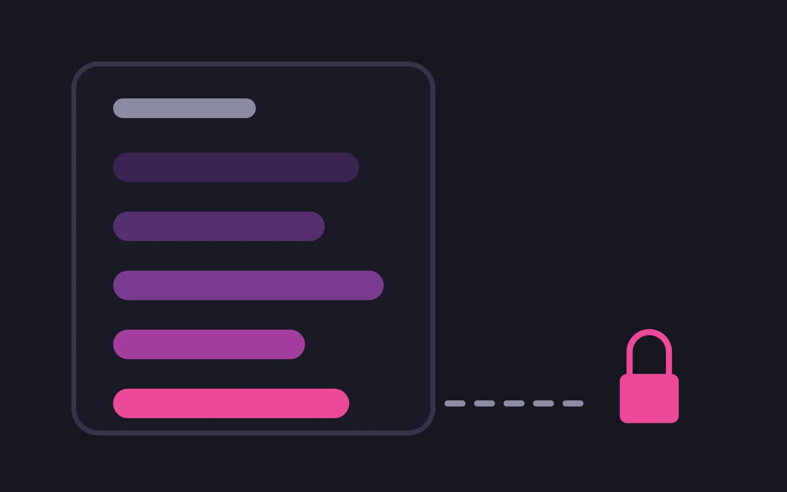 A tall sign-up card holding five stacked bars that deepen from pale mauve to hot pink, with a dashed line running from the deepest bar out to a padlock standing alone at the right