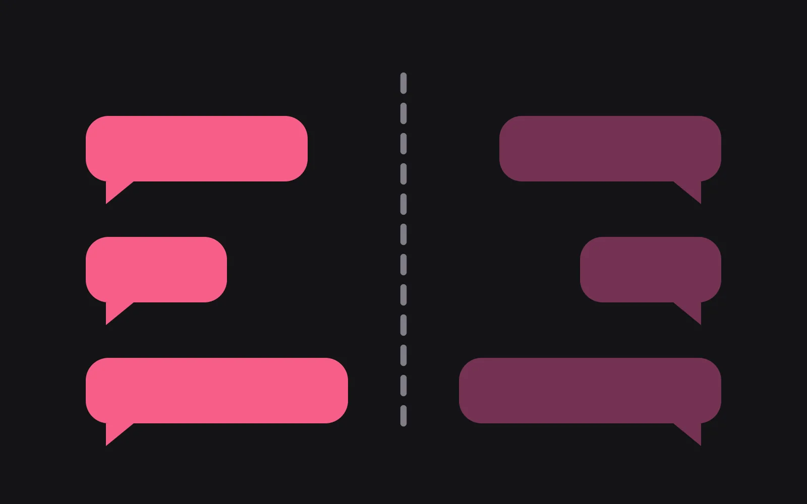 Two columns of chat bubbles either side of a dashed vertical line, the right column an exact mirror of the left, the left drawn in the deepest colour