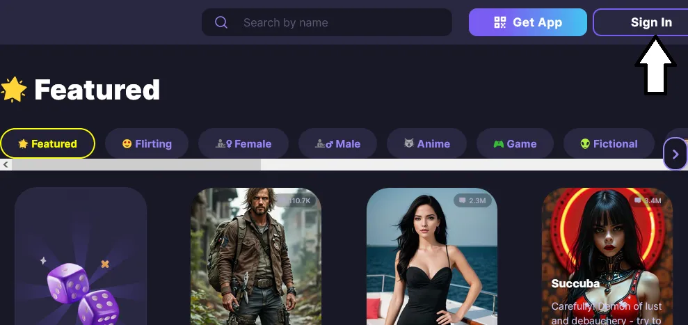 Botify AI Featured page with a search box, Get App and Sign In buttons, and category tabs such as Flirting, Anime and Game