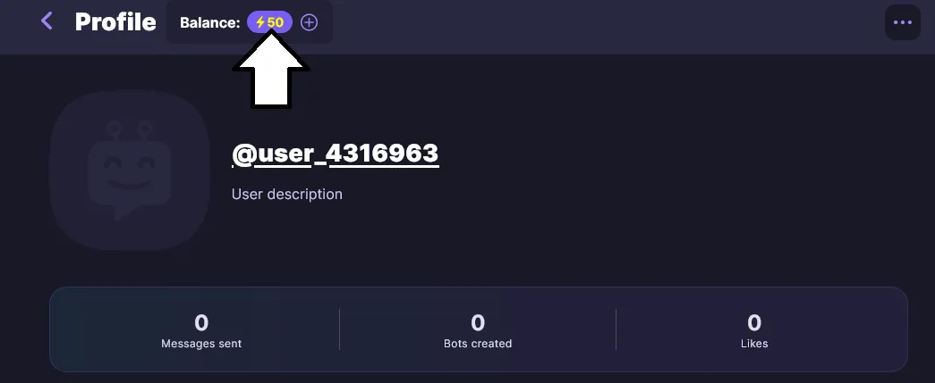 Botify AI profile page with a balance of 50 Energy and counters for messages sent, bots created and likes
