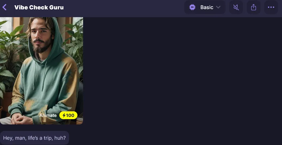 Botify AI chat with a character named Vibe Check Guru, whose picture carries an Animate button priced at 100 Energy
