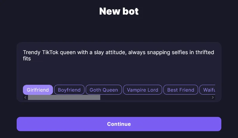 Botify AI New bot screen with a suggested personality line and type buttons: Girlfriend, Boyfriend, Goth Queen, Vampire Lord, Best Friend, Waifu