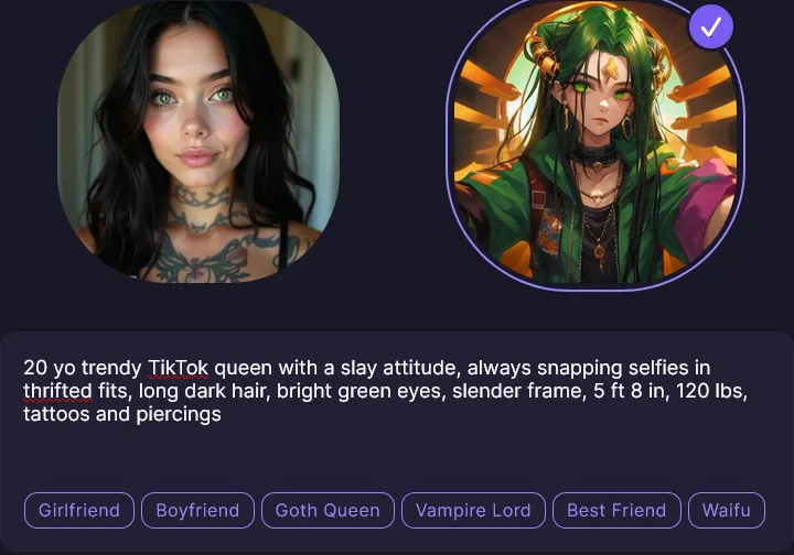Botify AI appearance step offering a photo-style and an anime-style picture from the same text prompt, with the anime one selected