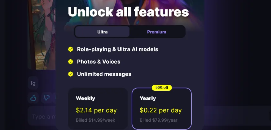 Botify AI Unlock all features screen for Ultra: weekly at $2.14 a day billed $14.99 a week, or yearly at $0.22 a day billed $79.99