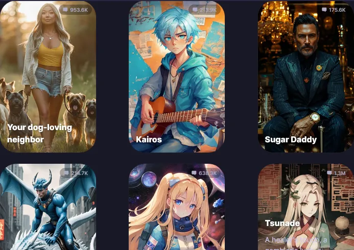 A grid of Botify AI character cards with names such as Kairos, Sugar Daddy and Tsunade and their message counts