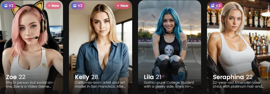 Four more character cards with names, ages, short bios and V2 or New badges