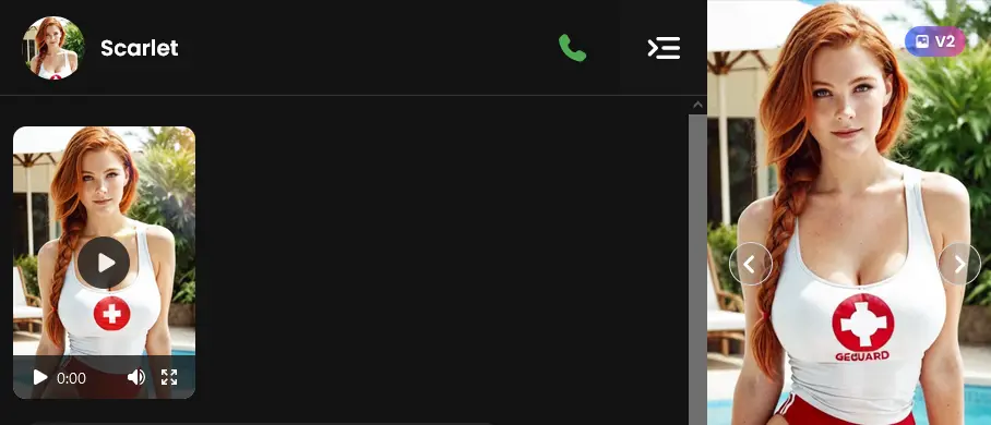 A new chat with a character, opening with a short video message, a green phone icon in the header and a photo panel on the right