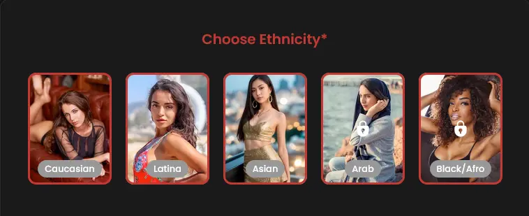 Creator step Choose Ethnicity with five options, two of them locked for paying members