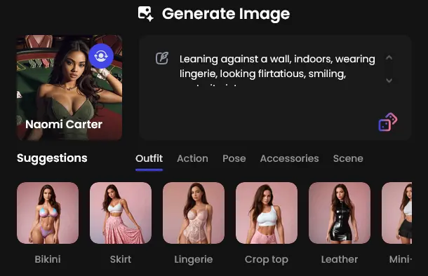 Generate Image screen with a chosen character, a prompt box, and suggestion tabs for Outfit, Action, Pose, Accessories and Scene