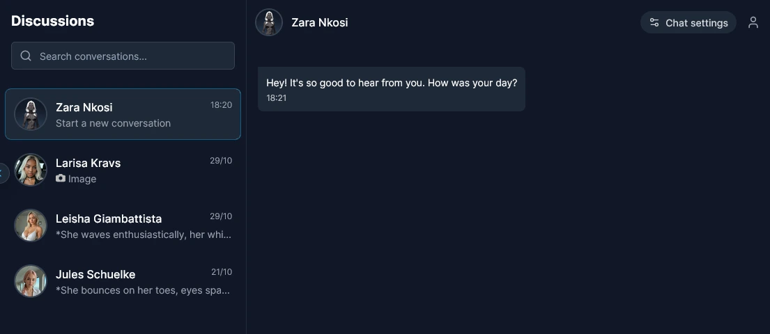 The Discussions list with a search box and four chats, beside an open chat and a Chat settings button