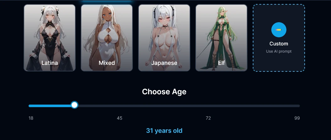 The character generator's style tiles from Latina to Elf, a Custom tile using an AI prompt, and an age slider from 18 to 99