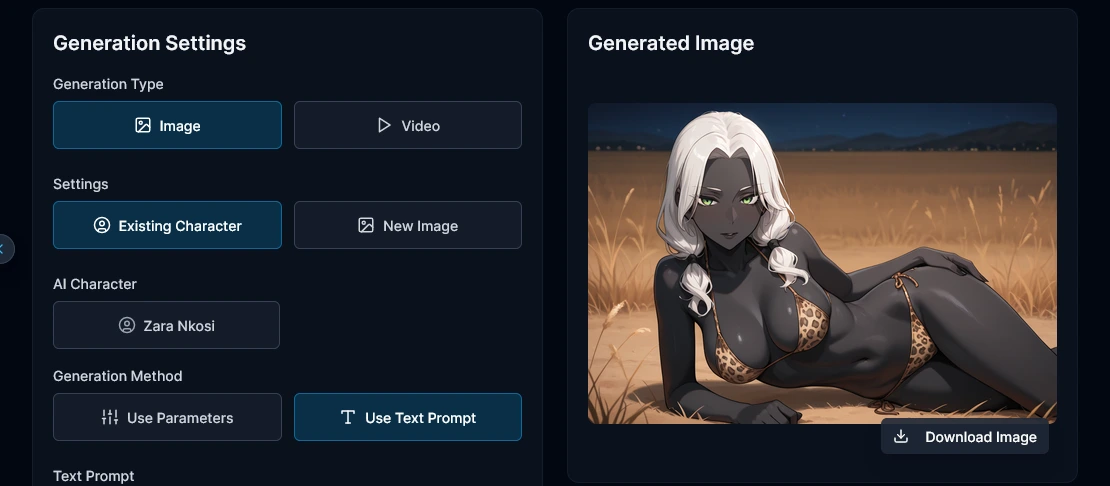 Generation Settings with Image and Video types, an existing character chosen and Use Text Prompt selected, beside the generated image