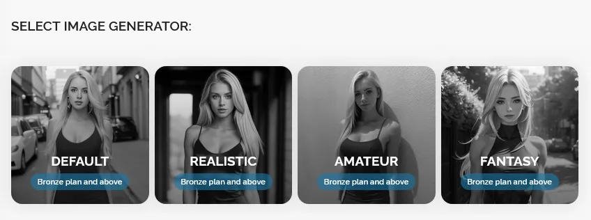 The Select Image Generator screen with four styles, Default, Realistic, Amateur and Fantasy, each marked Bronze plan and above