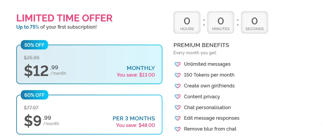 A limited-time offer: $12.99 monthly and $9.99 a month on the three-month plan, with benefits such as 150 tokens a month