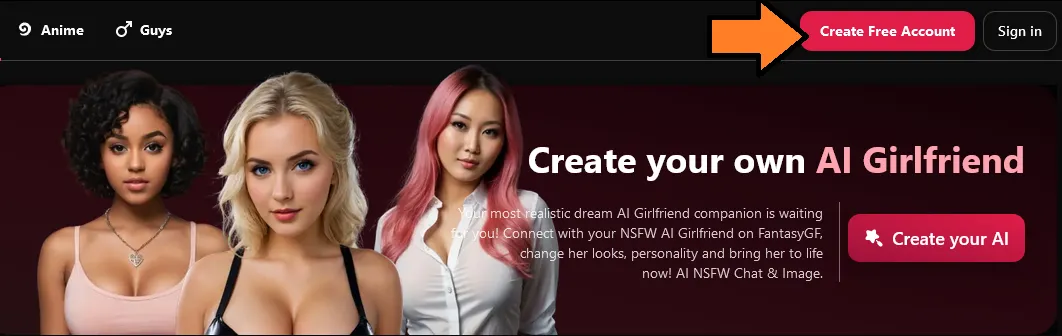 FantasyGF home page banner, Create your own AI Girlfriend, with a Create your AI button and a Create Free Account button at the top