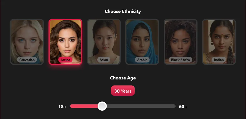 Creator step with six ethnicity options, one selected, and an age slider from 18+ to 60+ set at 30