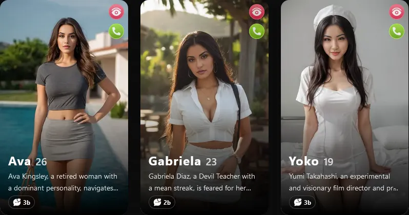 Explore grid of three character cards with names, ages, short bios, message counts, and view and call buttons