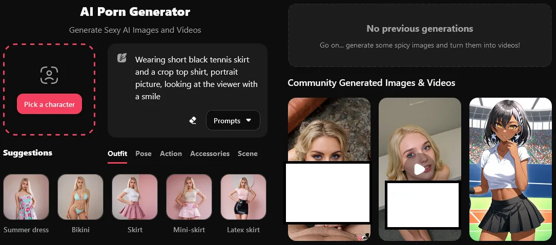 Image and video generator with a Pick a character button, a prompt box, Outfit, Pose, Action, Accessories and Scene tabs, and community results