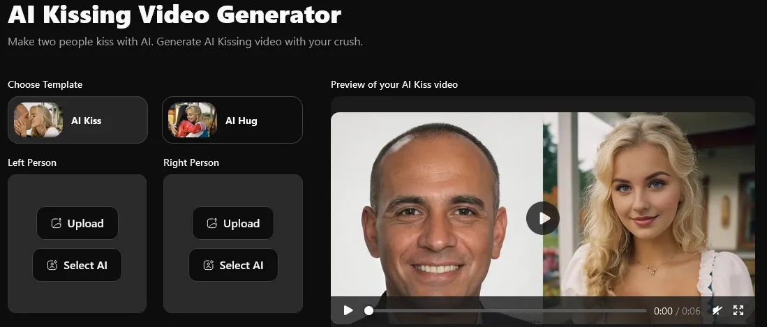 AI Kissing Video Generator with AI Kiss and AI Hug templates, Upload or Select AI for each person, and a video preview