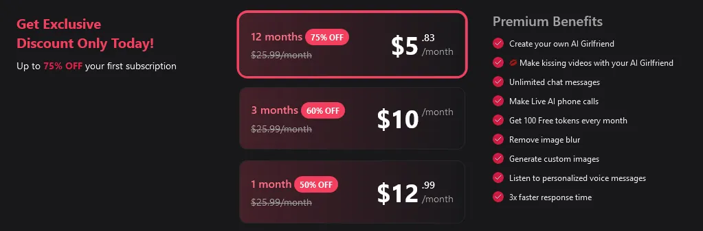 Pricing with 12 months at $5.83 a month, 3 months at $10 and 1 month at $12.99, each struck from $25.99, beside a benefits list