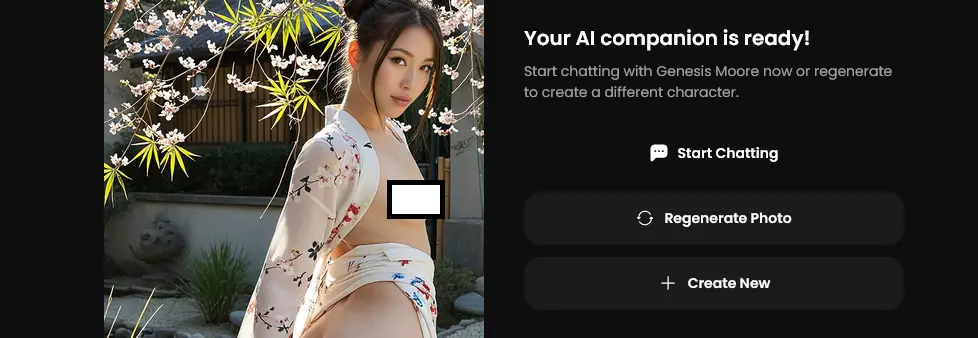 Your AI companion is ready screen with the new character's picture and Start Chatting, Regenerate Photo and Create New buttons