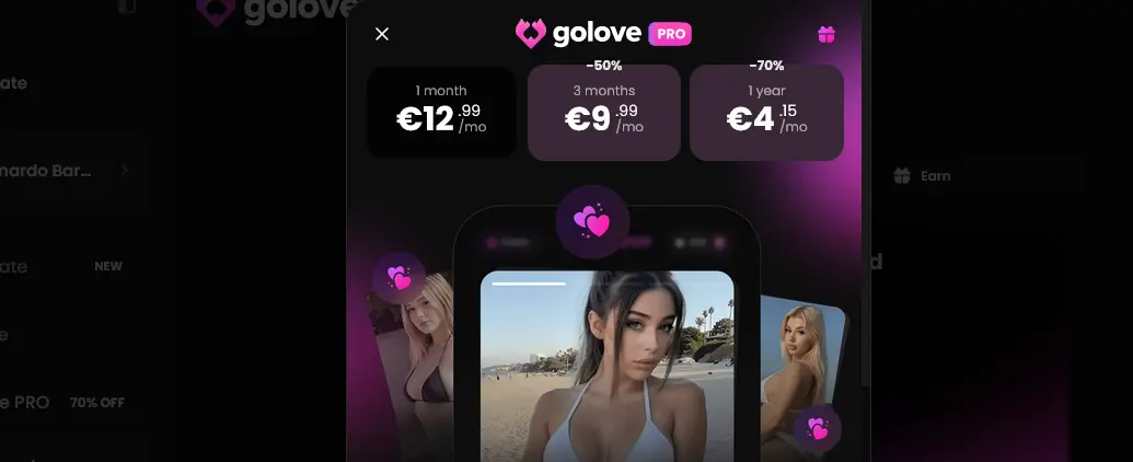 GoLove PRO plan picker in euros: 1 month at €12.99, 3 months at €9.99 and 1 year at €4.15 a month