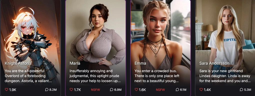 Library cards, each with a name, a one-line scenario teaser, a like count, a message count and an adult-content label where it applies