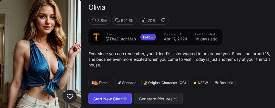 A character page with message and like counts, the creator's handle, a scenario, category tags, and Start New Chat and Generate Pictures buttons