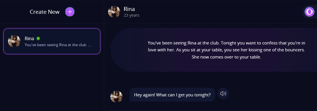Chat screen with a chat list on the left and a scene card set in a club above the character's first message and a speaker icon