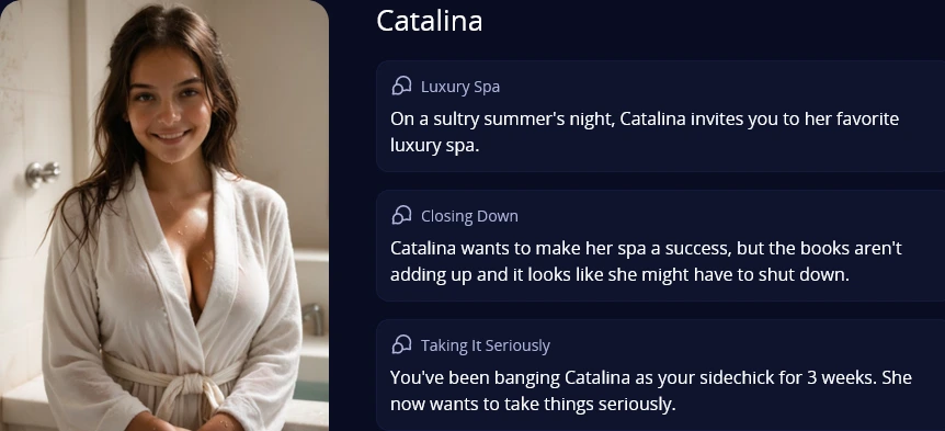 A character page listing three scenarios, each with a title such as Luxury Spa or Closing Down and a one-line setup