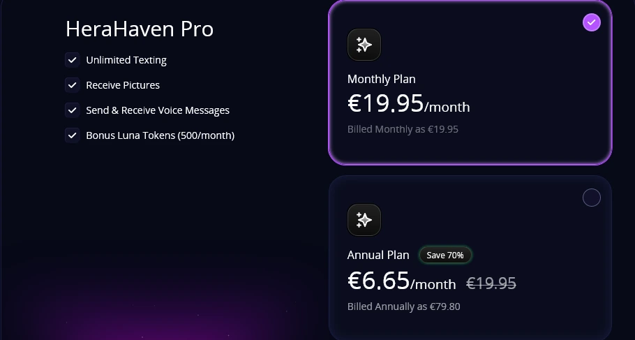 HeraHaven Pro pricing with a monthly plan at €19.95 and an annual plan at €6.65 a month billed as €79.80, beside a benefits list