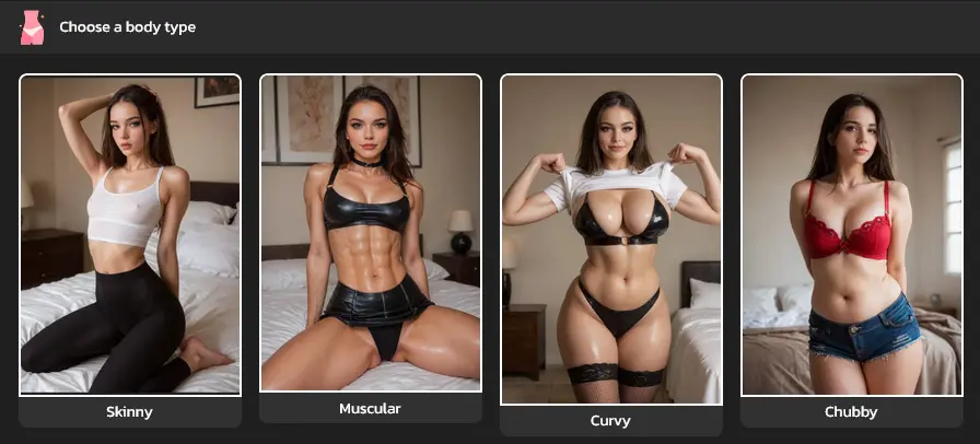 Creator step Choose a body type with four options, each shown with an example picture and a label