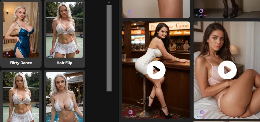 The generator's preset list, with named options such as Flirty Dance and Hair Flip, beside a grid of generated videos with play buttons