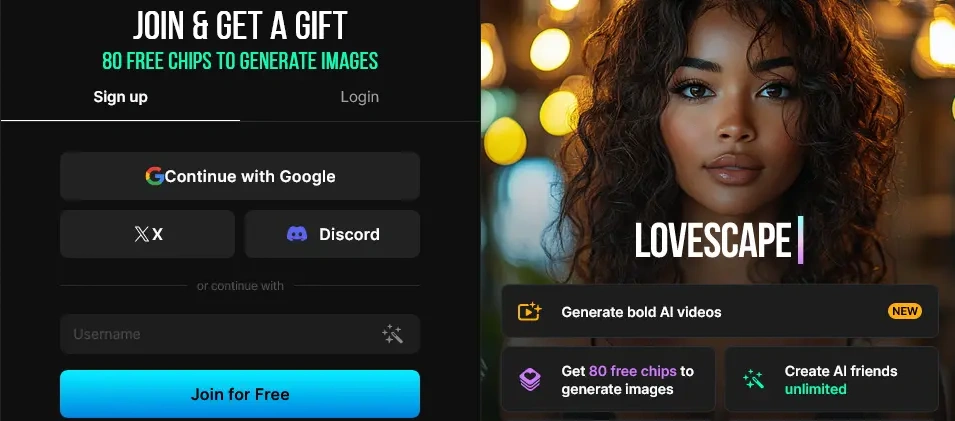 Lovescape sign-up panel offering 80 free chips, with Continue with Google, X and Discord buttons, a username field and Join for Free