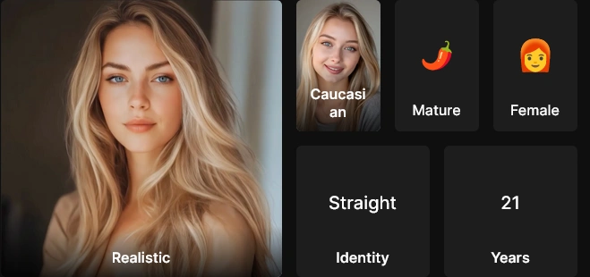 Creator summary before finishing: a Realistic style, Caucasian, Mature, Female, Straight identity and an age of 21 years