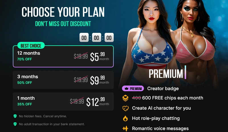 Lovescape plan picker: 12 months at $5.99 a month, 3 months at $9.99 and 1 month at $12.99, with premium perks such as 600 chips a month