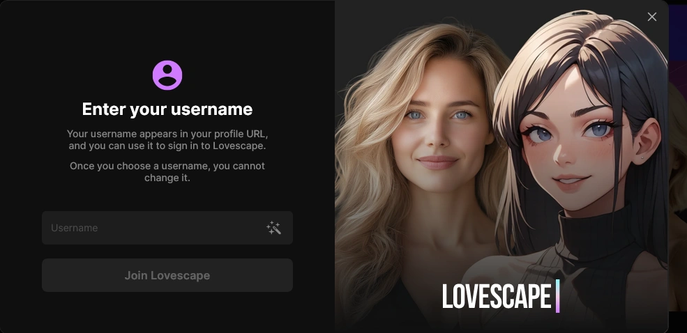 Lovescape dialog asking you to enter a username, warning that it appears in your profile URL and cannot be changed