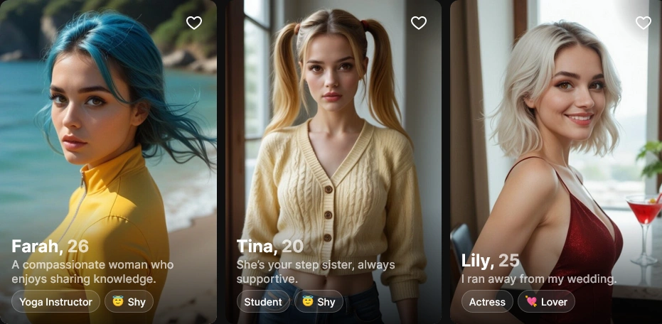 Three Lovescape character cards, each with a name, age, a one-line description and trait tags such as Shy and Lover
