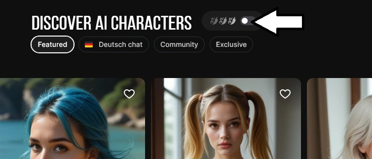 Discover AI Characters page with Featured, Deutsch chat, Community and Exclusive filters and a toggle beside the heading