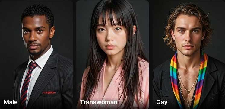 Three Lovescape category tiles labelled Male, Transwoman and Gay
