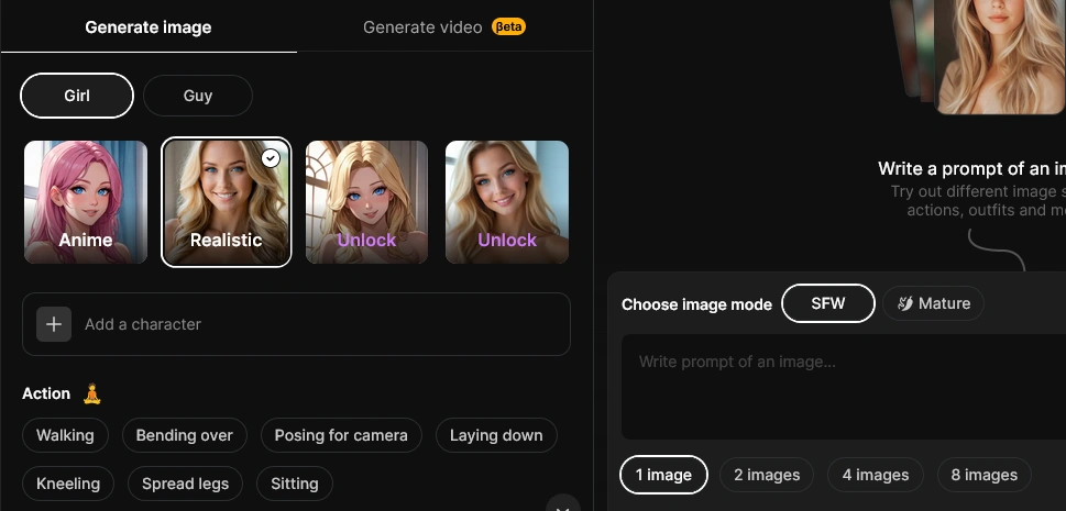 Generate Media screen with style presets, an Action preset list, an image mode switch for SFW or Mature and a choice of 1 to 8 images